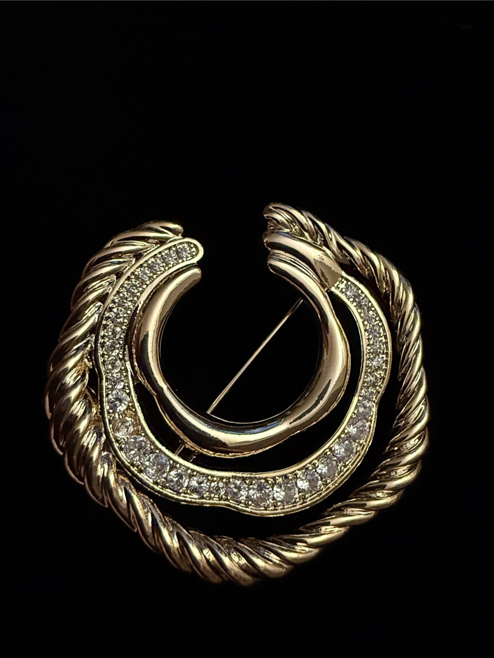 Gold-Tone Crescent Rope Brooch with Crystal Accents